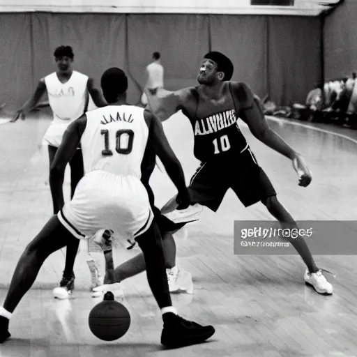 Prompt: a group of men playing a game of basketball, by frank mason, dribble contest winner, dada, associated press photo, dynamic pose