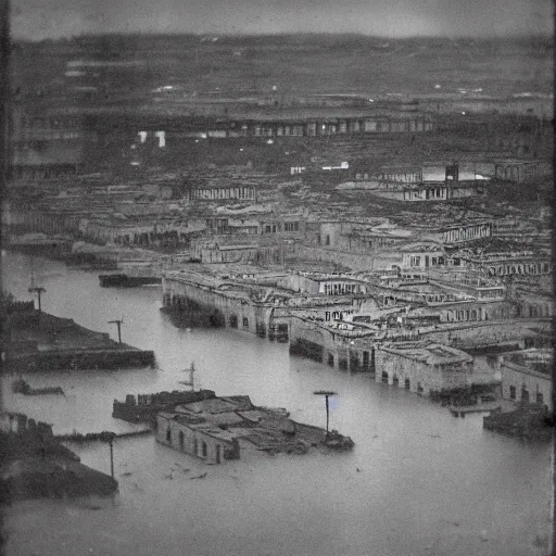 Prompt: grainy 1800s photo of a city submerged in mud