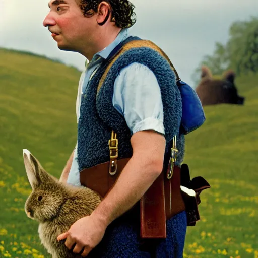 Image similar to frowning clean shaven pudgy British lad with short curly dark brown hair as a hobbit wearing a white men's crossbody sling chest bag and blue vest standing next to a giant rabbit, blue vest! white crossbody chestbag!! high resolution film still, movie by Peter Jackson