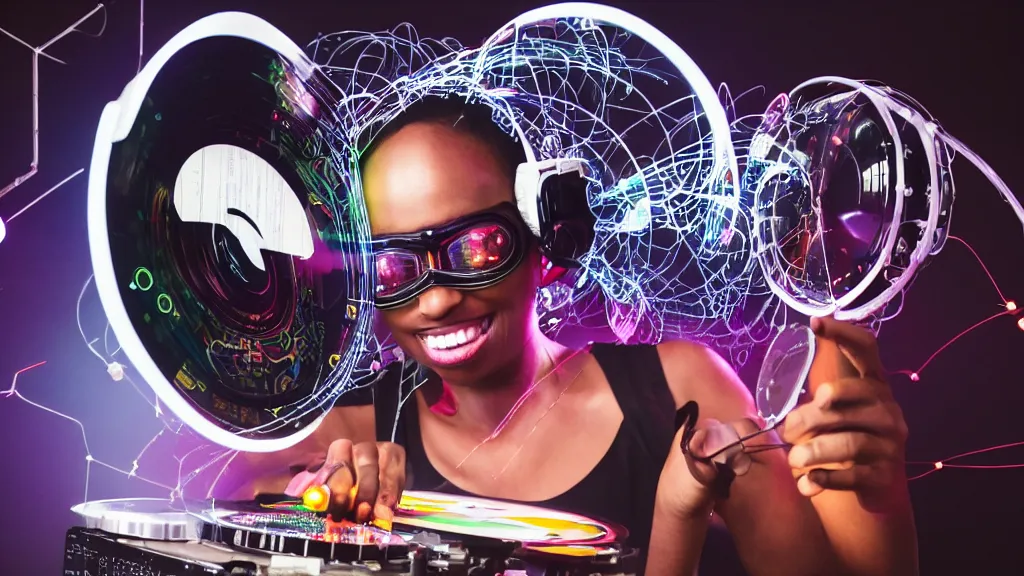 Prompt: a black woman wearing goggles and visor and headphones using an intricate clockwork record player turntable contraption, robot arms, computer screens, turntablism dj scratching, intricate planetary gears, cinematic, sharp focus, led light strips, bokeh, iridescent, black light, fog machine, hazy, lasers, spotlights, light trails, hyper color photograph