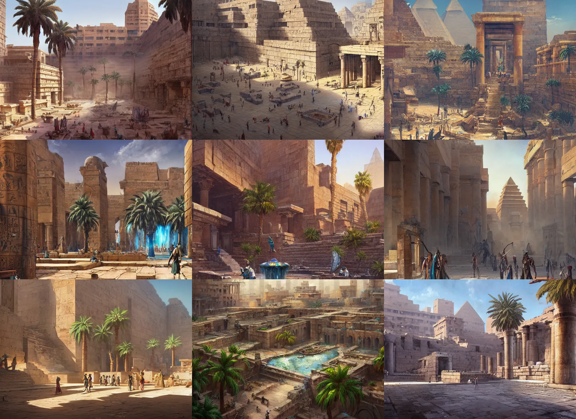 Prompt: A wide open courtyard in an epic, colorful city in ancient Egypt, anime, pyramids, palm trees, fountain, a fantasy digital painting by Greg Rutkowski and James Gurney, trending on Artstation, highly detailed