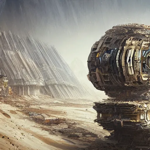 Image similar to highly detailed concept art of moving forward big residential megastructure on desert trending on Artstation by Daniel Dociu and Greg Rutkowski, high quality, nomadic urbanism, sci-fi, futuristic, architecture