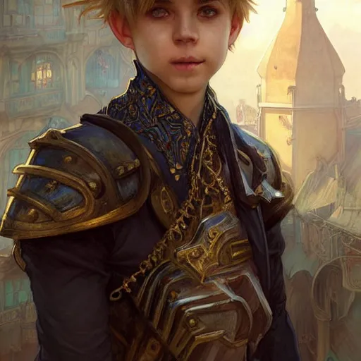 Prompt: portrait of a boy wearing fantasy thief clothing in the slums of a fantasy city, blonde hair, d & d, fantasy, joyful smirk, intricate, elegant, highly detailed, digital painting, artstation, concept art, matte, sharp focus, illustration, art by artgerm and greg rutkowski and alphonse mucha