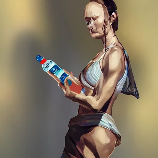 Image similar to putin holding a bottle of arak, wearing a mini skirt, cinematic, beautiful digital painting, hyper detailed