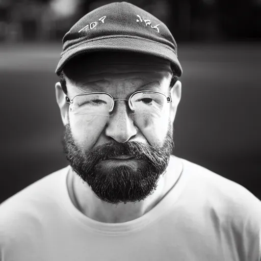 Prompt: tired bearded forty - year - old man in a baseball cap with a straight visor in glasses, inside bus, early morning, volumetric light, black and white