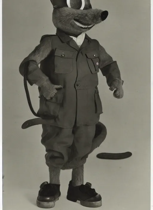 Image similar to Chuck E. Cheese mascot grainy 1940’s WWII military portrait of an anthropomorphic rat animatronic dressed like a soldier, professional portrait HD, mouse, Chuck E. Cheese head, authentic, mouse, costume weird