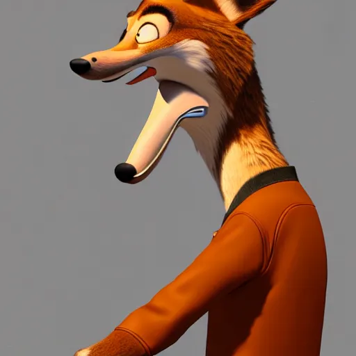 Image similar to portrait, 3 d render, anthropomorphic coyote male, wearing along brown leather jacket, in the style of zootopia