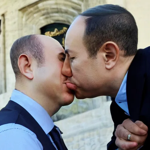 Image similar to benjamin netanyahu kissing naftali bennet, realistic, detailed