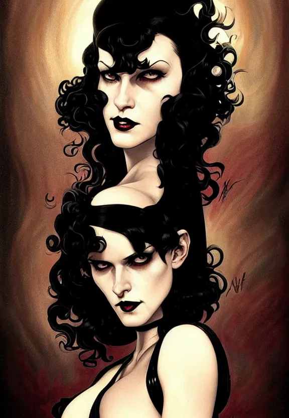 Image similar to character death from comic book the sandman in a small 5 0 ’ s style diner, fantasy magic, dark pin - up style hair, dark light night, intricate, elegant, sharp focus, illustration, highly detailed, digital painting, concept art, matte, art by wlop and artgerm and greg rutkowski and alphonse mucha, masterpiece