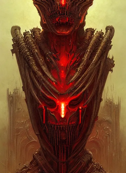 Image similar to masterpiece, infernal lady concept art, stylized, doom, elegant, imperial, epic, intricate art by h. r. giger, greg rutkowski, josan gonzalez, zdizslaw beksinski, biomechanical, crimson darkness, hellscape