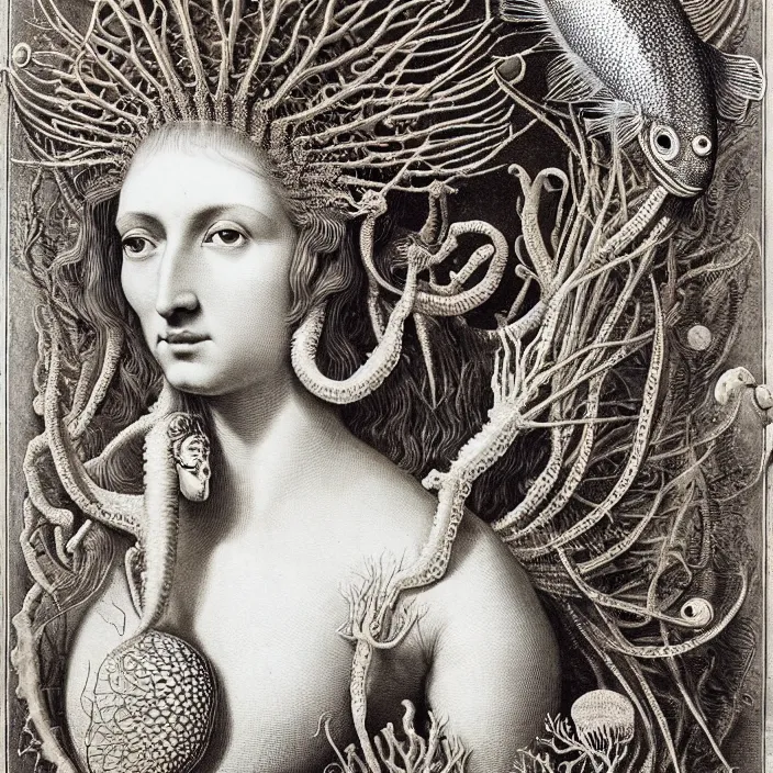 Image similar to realistic detailed face portrait of the goddess of the fish of the three times with an intricate headdress of corals, sea kelp, sea plants, fish, jellyfish, art by ernst haeckel, archimboldo, face in focus, neo - gothic, gothic,