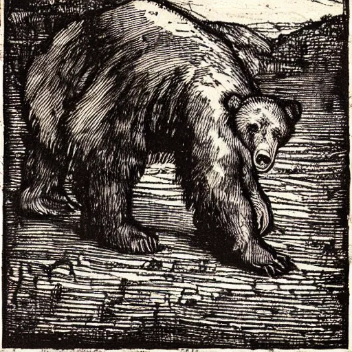 Image similar to brown bear by albrecht durer. woodcut.