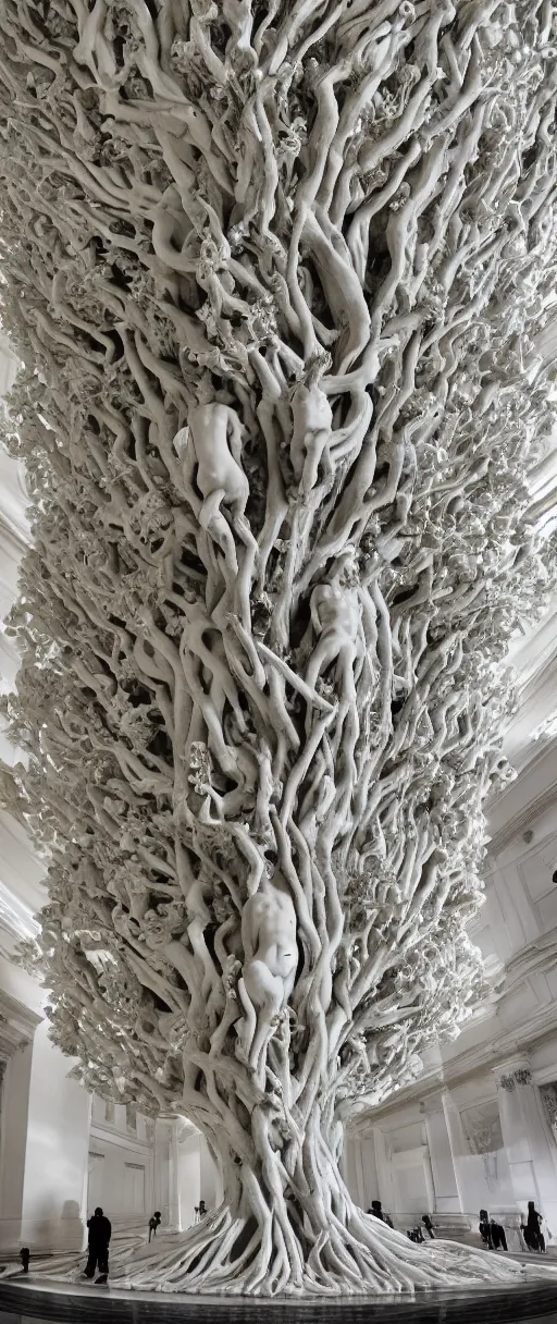 Prompt: a stunning hyperdetailed tree made of beautiful human bodies with intricate roots of white marble sculpted by canova