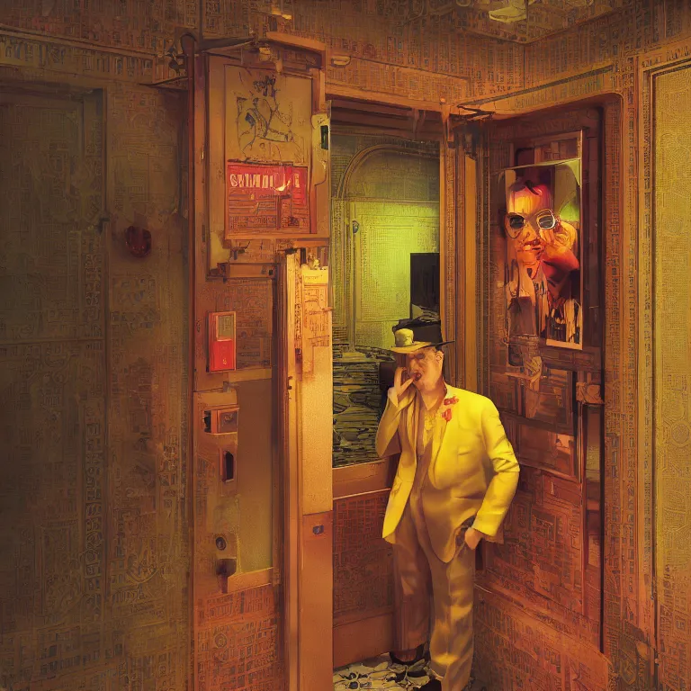 Image similar to low angle octane render portrait by wayne barlow and carlo crivelli and glenn fabry, a sinister man in a bright colorful saturated wes anderson elevator operator costume inside a dark and moody vintage elevator in a high - end exotic vintage boutique hotel, very short depth of field, bokeh