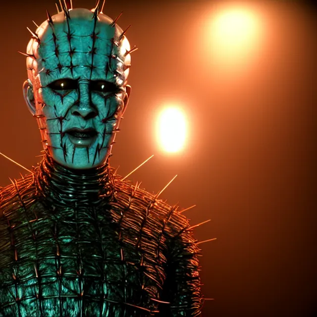Image similar to pinhead from hellraiser movie, 8 k ultra realistic, lens flare, atmosphere, glow, detailed, intricate, full of colour, led lighting, 4 k, hyperrealistic, focused, extreme details, unreal engine 5, masterpiece