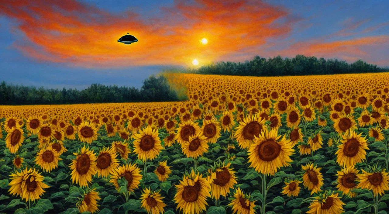 Prompt: Ultra detailed oil painting of UFO above sunflower field at sunrise,