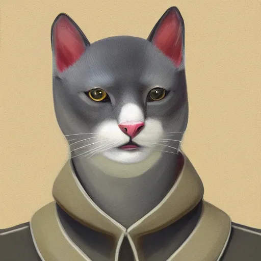 Prompt: Portrait painting of an anthropomorphic gray cat wearing as Soviet leader, medium shot, asymmetrical, profile picture, Organic Painting, sunny day, Matte Painting, bold shapes, hard edges, street art, trending on artstation, by Sergey Kolesov