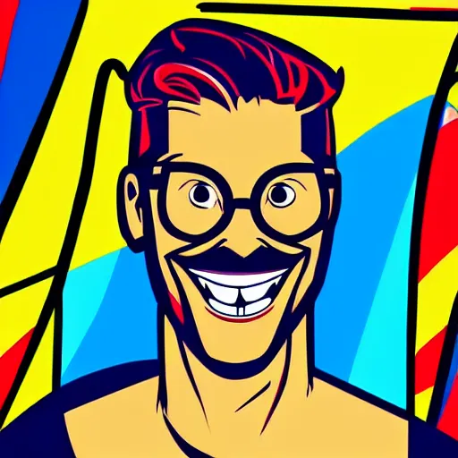 Image similar to handsome, pop art cartoon style, cartoon network, detailed portrait, big smile, long chin