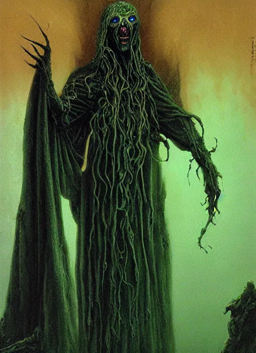 Image similar to Eldritch demon priest wearing ornate robe, chanting at the green pool. In style of Beksinski, concept art, highly detailed.