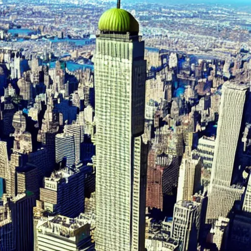 Prompt: a photo of a pistachio the size of a skyscraper in NYC