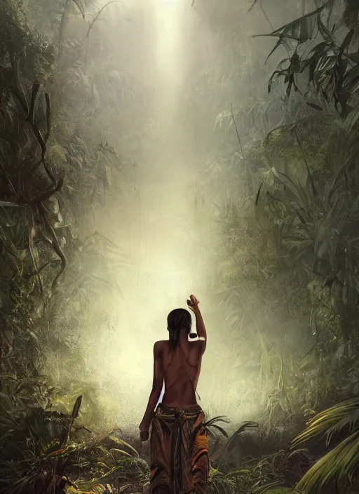 Prompt: a tribal woman from behind, in front of the aircraft carrier USS Nimitz overgrown with lush vegetation, tropical forest, post appocalyptic, by Luis Royo, by Greg Rutkowski, dark, gritty, intricate, backlit, strong rim light, cover illustration, concept art, volumetric lighting, volumetric atmosphere, sharp focus, octane render, trending on artstation, 8k