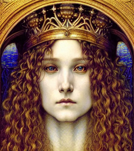 Image similar to detailed realistic beautiful young medieval queen face portrait by jean delville, gustave dore and marco mazzoni, art nouveau, symbolist, visionary, gothic, pre - raphaelite. horizontal symmetry