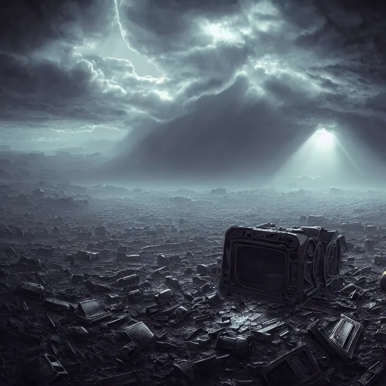Prompt: surreal mysterious abandoned ribbed broken pc monitor in the foreground, in wastelands on exoplanet, dark clouds, dark washed tint, dream-like heavy atmosphere, dark baroque painting, beautiful detailed intricate insanely detailed octane render trending on Artstation, 8K artistic photography, photorealistic, dramatic volumetric cinematic perfect light, chiaroscuro, award-winning photograph, masterpiece, Raphael, Caravaggio, Beksinski, Giger