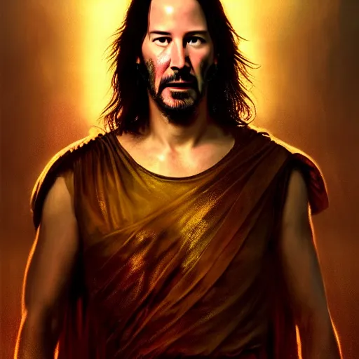 Image similar to keanu reeves as majestic gracious regal goddess persephone portrait, ancient greece, elysium, atmospheric lighting, painted, intricate, volumetric lighting, beautiful, rich deep colours masterpiece, golden hour, sharp focus, ultra detailed, by leesha hannigan, ross tran, thierry doizon, kai carpenter, ignacio fernandez rios