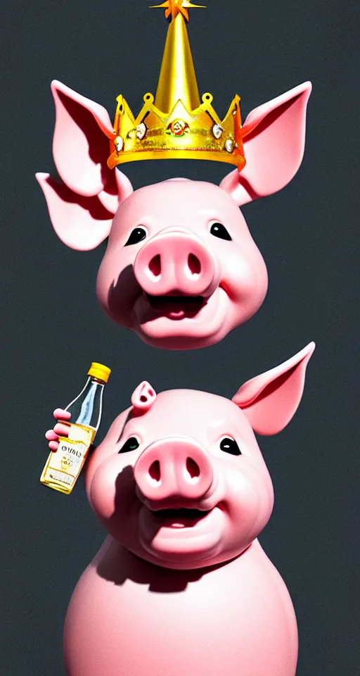 Image similar to smiling pig wearing a crown holding up a bottle of seasoing, hyper realistic, ultra detailed, cinematic, dynamic lighting, photorealistic, refined, intricate, digital art, digital painting, masterpiece, 8k