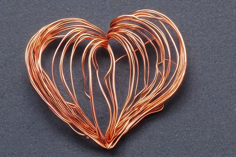 Image similar to a very beautiful tiny human heart organic sculpture made of copper wire and threaded pipes, very intricate, curved. studio lighting, high resolution, high quality, black background