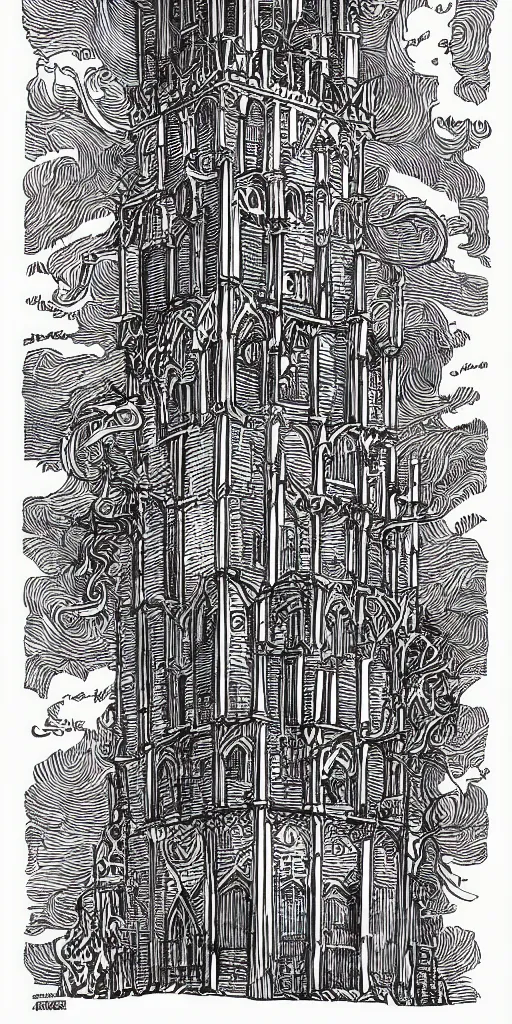 Image similar to mcbess illustration of a gothic tower, rainbow gouache