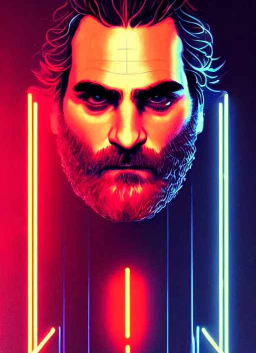 Prompt: symmetry!! portrait of joaquin phoenix, sci - fi -, cyberpunk, blade runner, glowing lights, biotech, techwear!! intricate, elegant, highly detailed, digital painting, artstation, concept art, smooth, sharp focus, illustration, art by artgerm and greg rutkowski and alphonse mucha