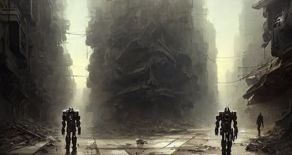 Prompt: hyper realistic sci - fi matte concept art painting of a mecha walking down a war torn street, beautiful details, strong composition painted by kim jung guweta studio rutkowski, james gurney and greg rutkowski, and lucasfilm, smooth, intricate, detailed, sharp focus, cinematic