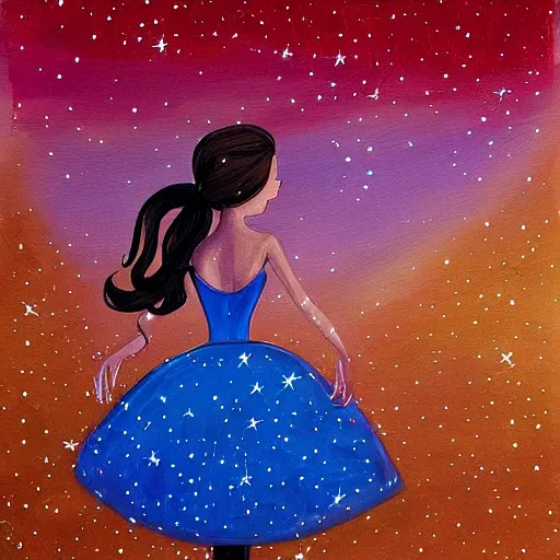 Image similar to ballerina in a dress looking at a starry sky, galaxy, beautiful, painting, highly detailed, soft light