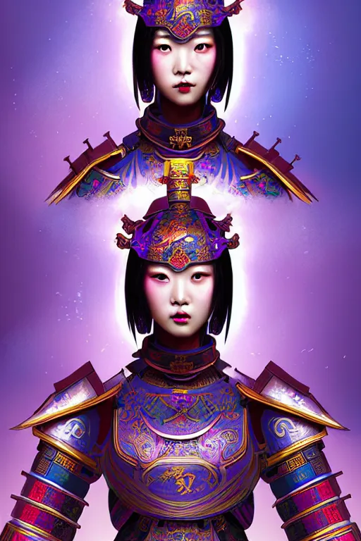 Image similar to beautiful and divine and holy and elite and colorlpunk three kingdom chinese female armor knight portrait like twice tzuyu+shinnyy eyes, ssci-fi, fantasy, neon light at chinese temple rooftop, art and illustration by tian zi and craig mullins and WLOP and alphonse mucha, fantasy, intricate complexity, human structure, human anatomy, fantasy character concept, watermark, blurry, hyperrealism 8k