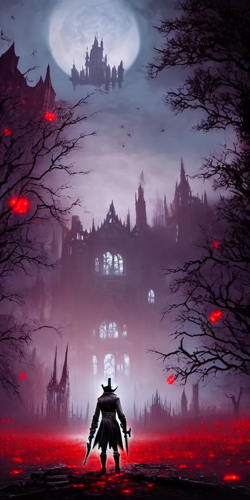 Image similar to abandoned bloodborne old valley with a person at the centre and a ruined gothic city in the background, trees and stars in the background, falling red petals, epic red - orange moonlight, perfect lightning, wallpaper illustration by niko delort and kentaro miura, 4 k, ultra realistic