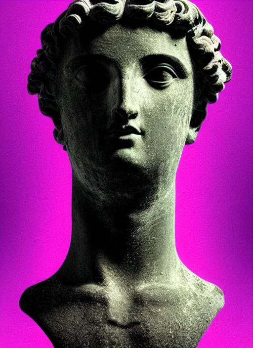 Prompt: ancient greek statue, beeple, vaporwave, retrowave, black background, neon, black, glitch, strong contrast, pinterest, trending on artstation
