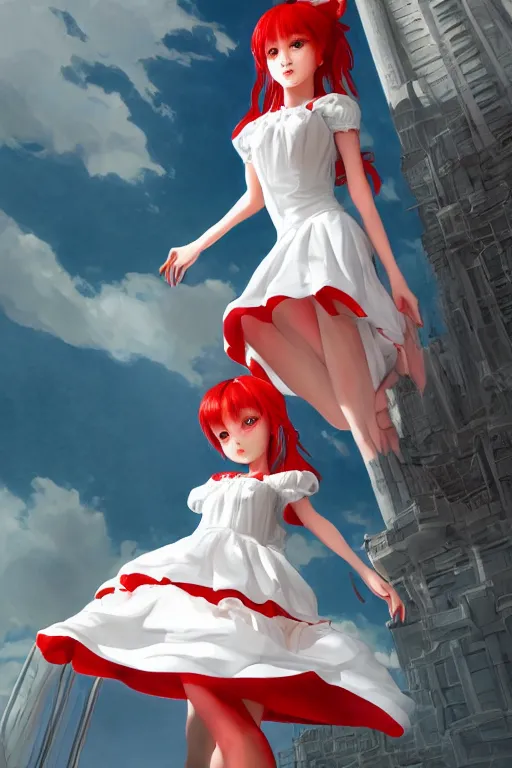 Prompt: the beautiful white frilled red dress girl standing in the hyper big and tall tower, looking at the, low angle, highly detailed, digital painting, artstation, concept art, smooth, sharp focus, illustration, Unreal Engine 5, 8K, art by Hiroaki Samura and Jiro Matsumoto