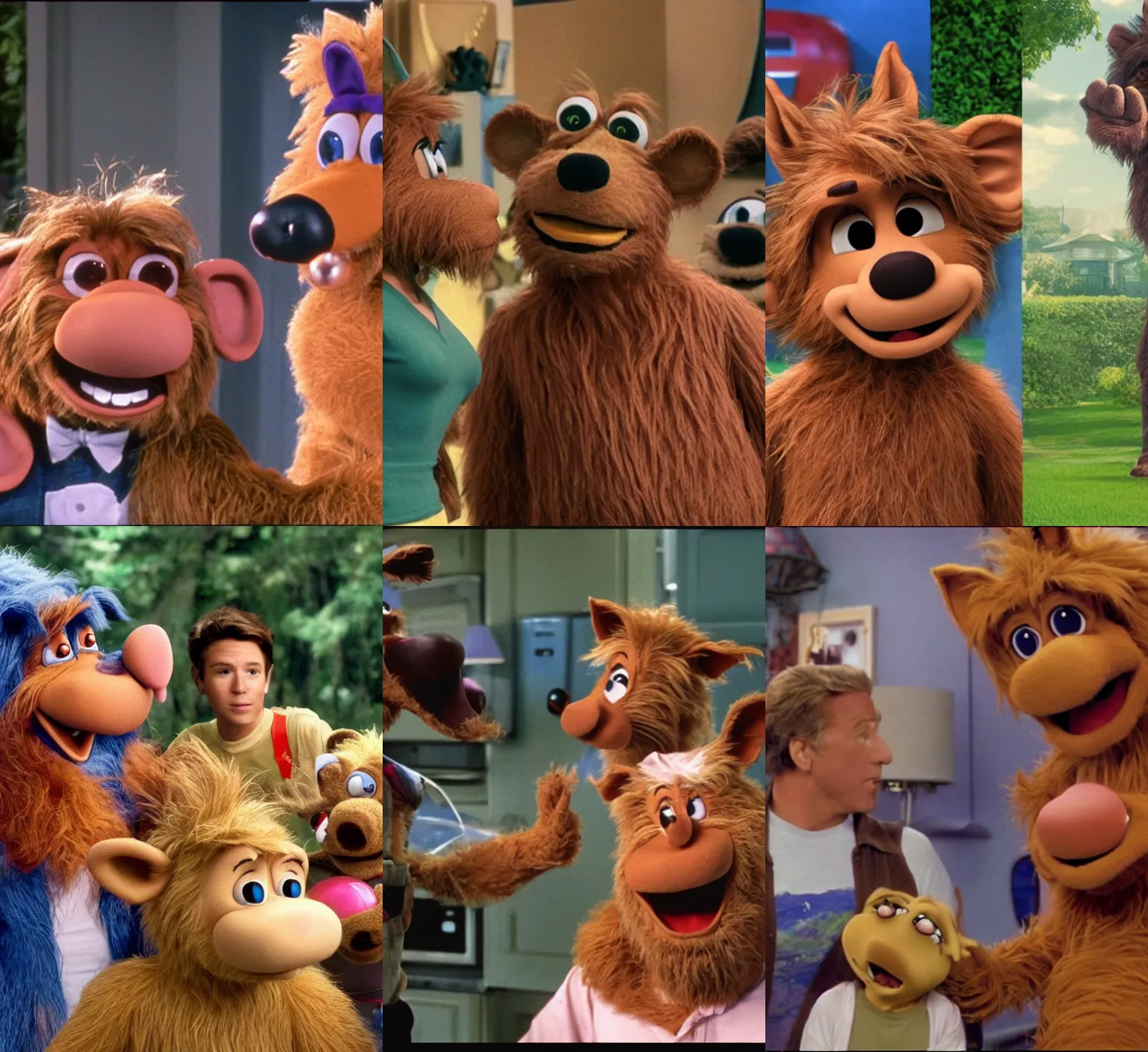 Prompt: crossover remake of Alf, still from a Disney Channel sci-fi comedy, 2015 cinematography, VFX by Framestore