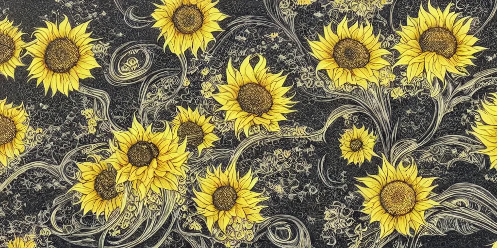 Prompt: A blooming sunflower, by Hokusai and Joe Fenton, Black paper with intricate and vibrant yellow line work, Mandelbulb Fractal, Full of silver layers, symmetry, Trending on Artstation, Incredible dark yellow and black gothic illustration, Exquisite detail