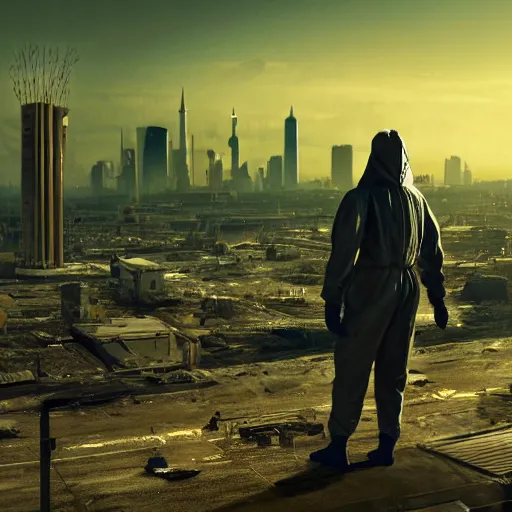 Image similar to a beautiful award-winning photo of the last man on Earth wearing a cybernetic hazmat suit, serene idyllic post-nuclear background, skyline of a derelict city in the background, volumetric lighting, very high quality, extremely detailed, subtle visual noise, 8K