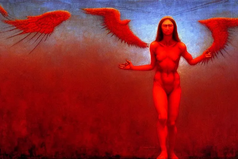 Image similar to only with red, a red angel announce the win, at the gates of a rich renaissance city. inthe background, pathos, in the style of beksinski, part by hopper, part by rodcenko, part by hofbauer, intricate composition, red by caravaggio, insanely quality, highly detailed, masterpiece, red light, artstation