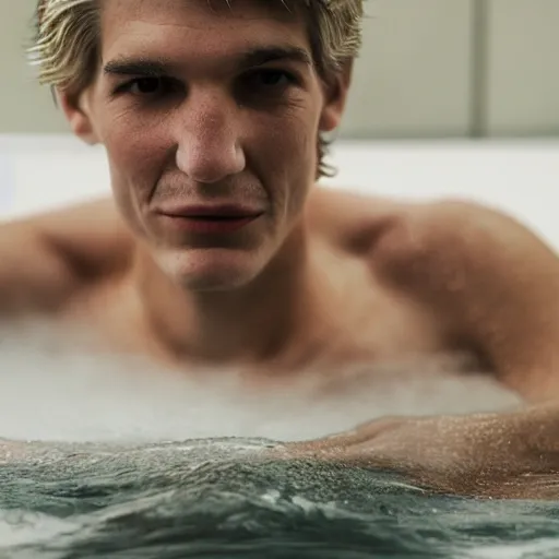 Image similar to photographic portrait by Annie Leibovitz of XQC in a hot tub, closeup, foggy, sepia, moody, dream-like, sigma 85mm f/1.4, 15mm, 35mm, 4k, high resolution, 4k, 8k, hd, full color