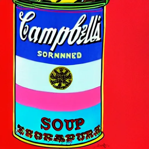 Image similar to campbell's cream of elephant soup, by andy warhol