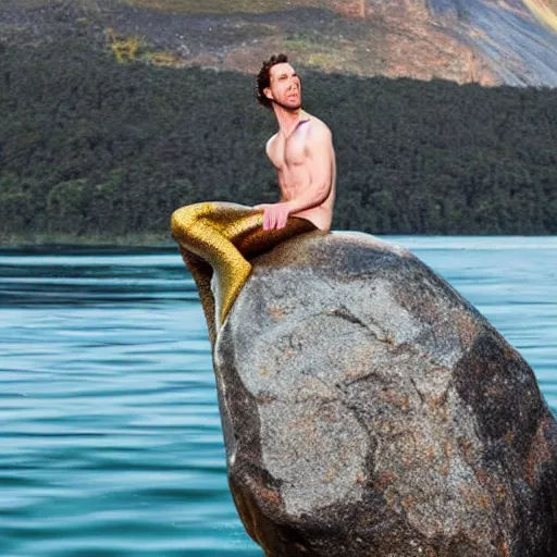 Prompt: Tom Hiddlestone as a beautiful mermaid sitting on a rock in the middle of a lake wearing a shiny silk jacket