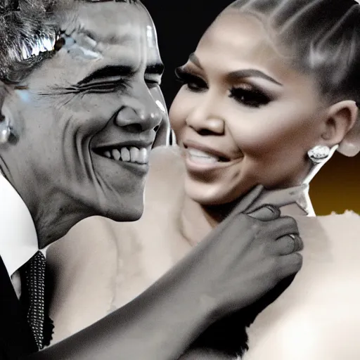 Image similar to barack obama hugging nicki minaj from behind, highly detailed illustration