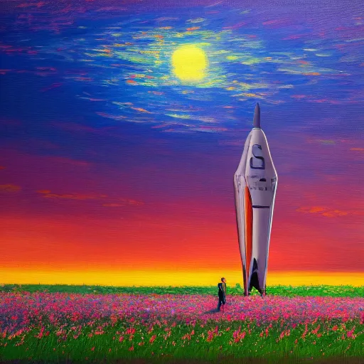 Image similar to spacex starship rocket landing in a field of flowers at sunset, impressionist painting