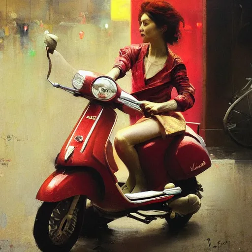 Image similar to the redhead vespa queen in hong kong, oil on canvas by ruan jia