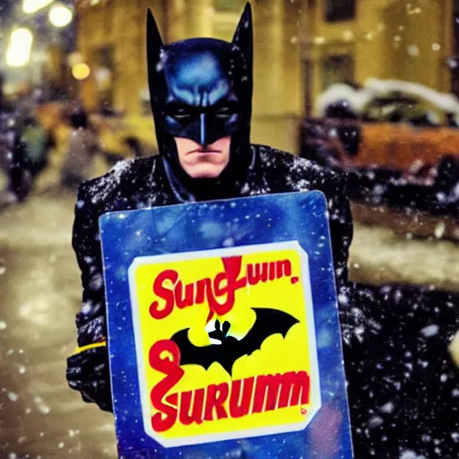 Image similar to batman wearing a sandwich board that is advertising slurm soda, rule of thirds, photograph, ultra detailed, crispy, overcast, snowing, moscow, gritty.