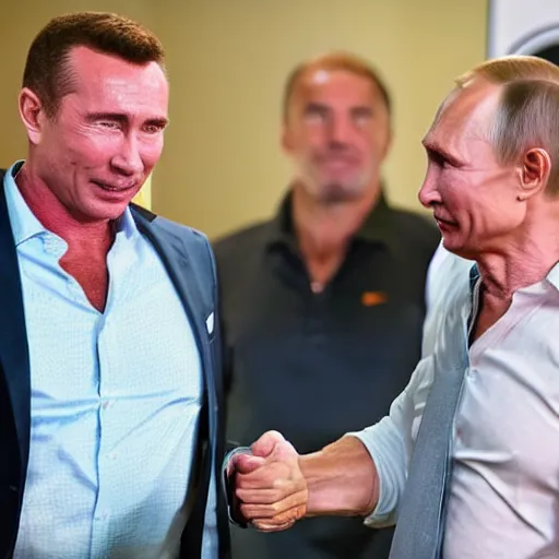 Image similar to telephoto candid cropped photo of billy herrington shaking hands with vladimir putin, press conference, zeiss 1 5 0 mm, sharp focus, natural lighting, ultra realistic, high definition 4 k photo